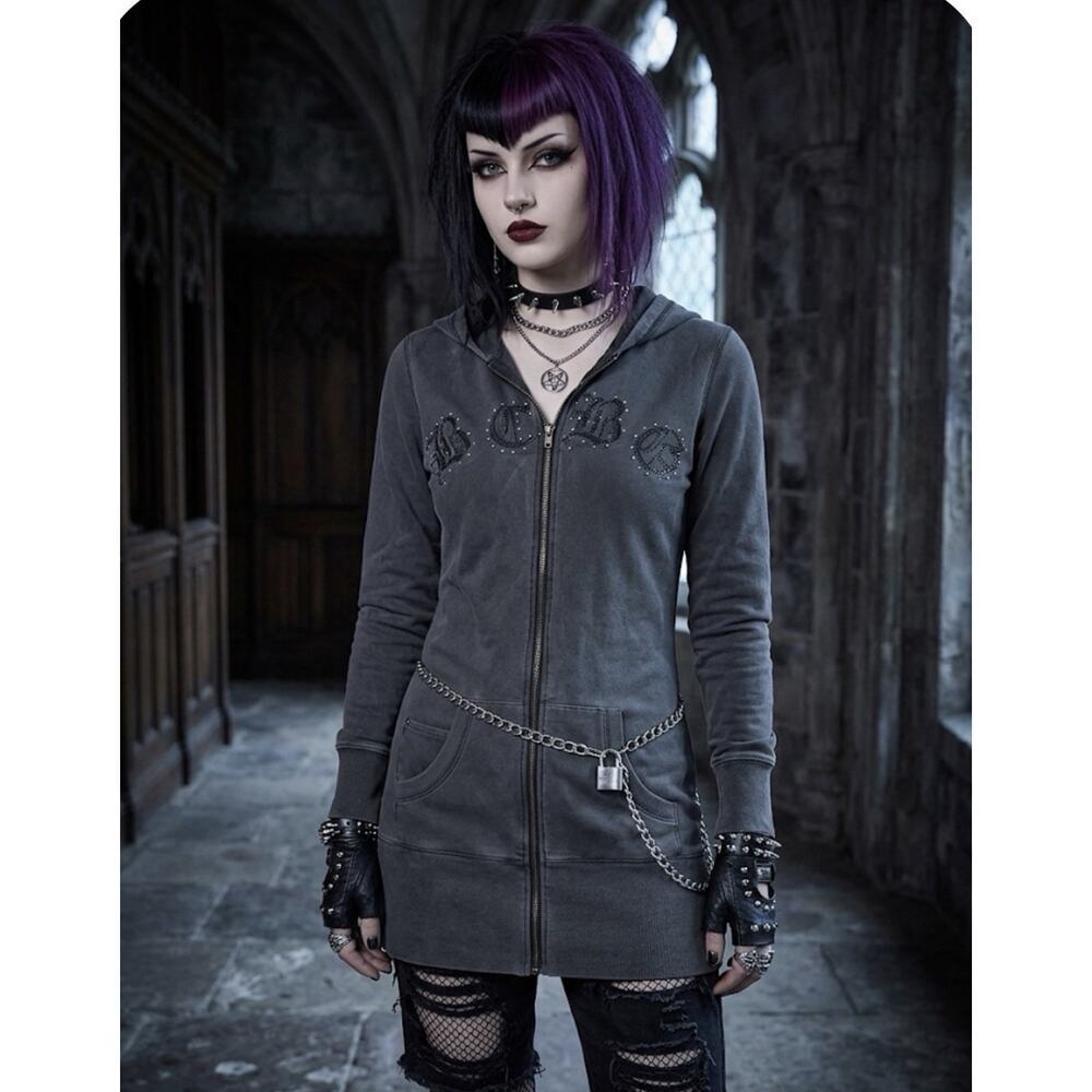 Y2k Vintage Gray Embroidered Full Zip Hoodie Gothic Grunge Women’s Size S